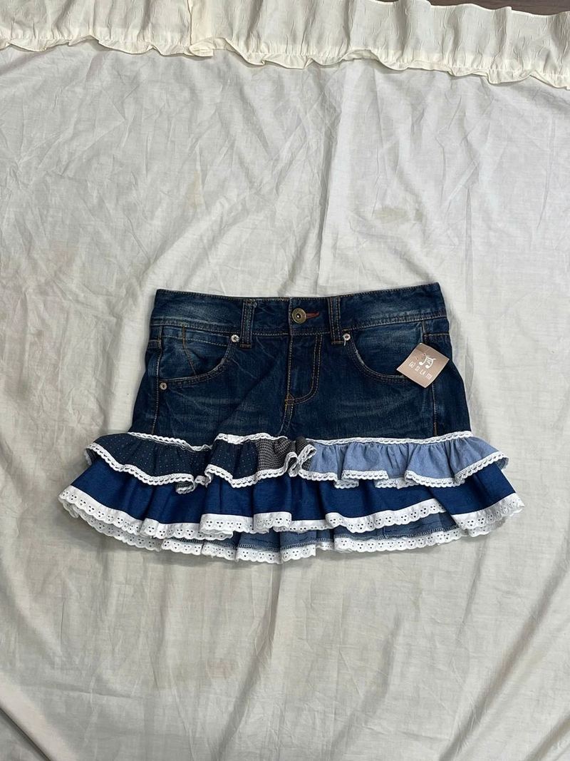 Chân váy jean đậm màu patchwork bèo ren xám xanh navy