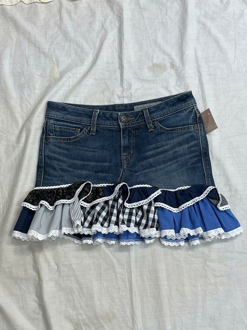 Chân váy jean patchwork bèo ren caro navy xanh